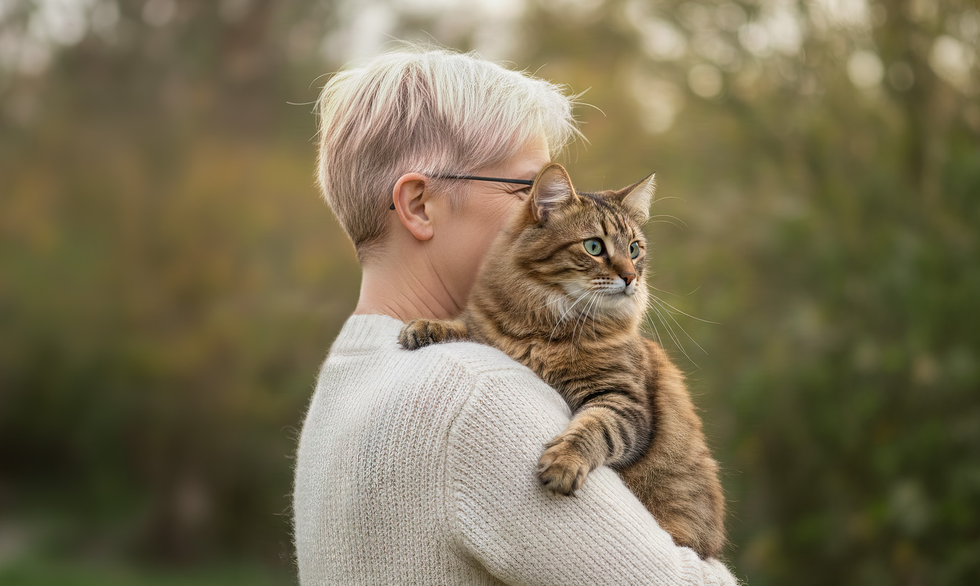 Katzenpsychologin Anja Ludwig mit bengalkatze Frau hält katze auf dem arm