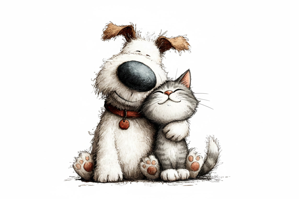 Hund und Katzen aneinander gewöhnen. Cartoon Hund und Katze nebeneinander