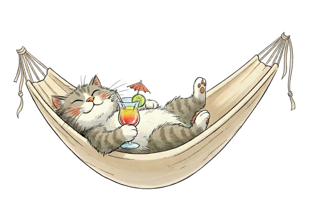 Artgerechte Haltung für Katzen Cartoon Katze liegt in einer Hängematte