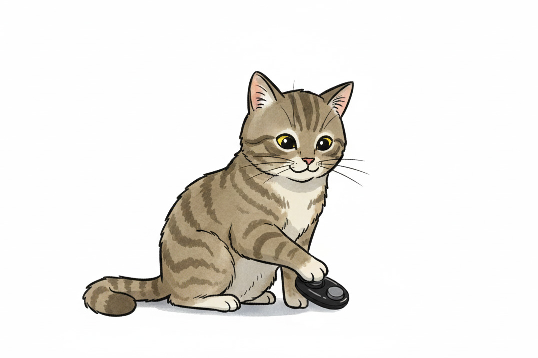 Klickertraining Beschäftigung für Katzen Cartoon Katze spielt mit einem Klicker