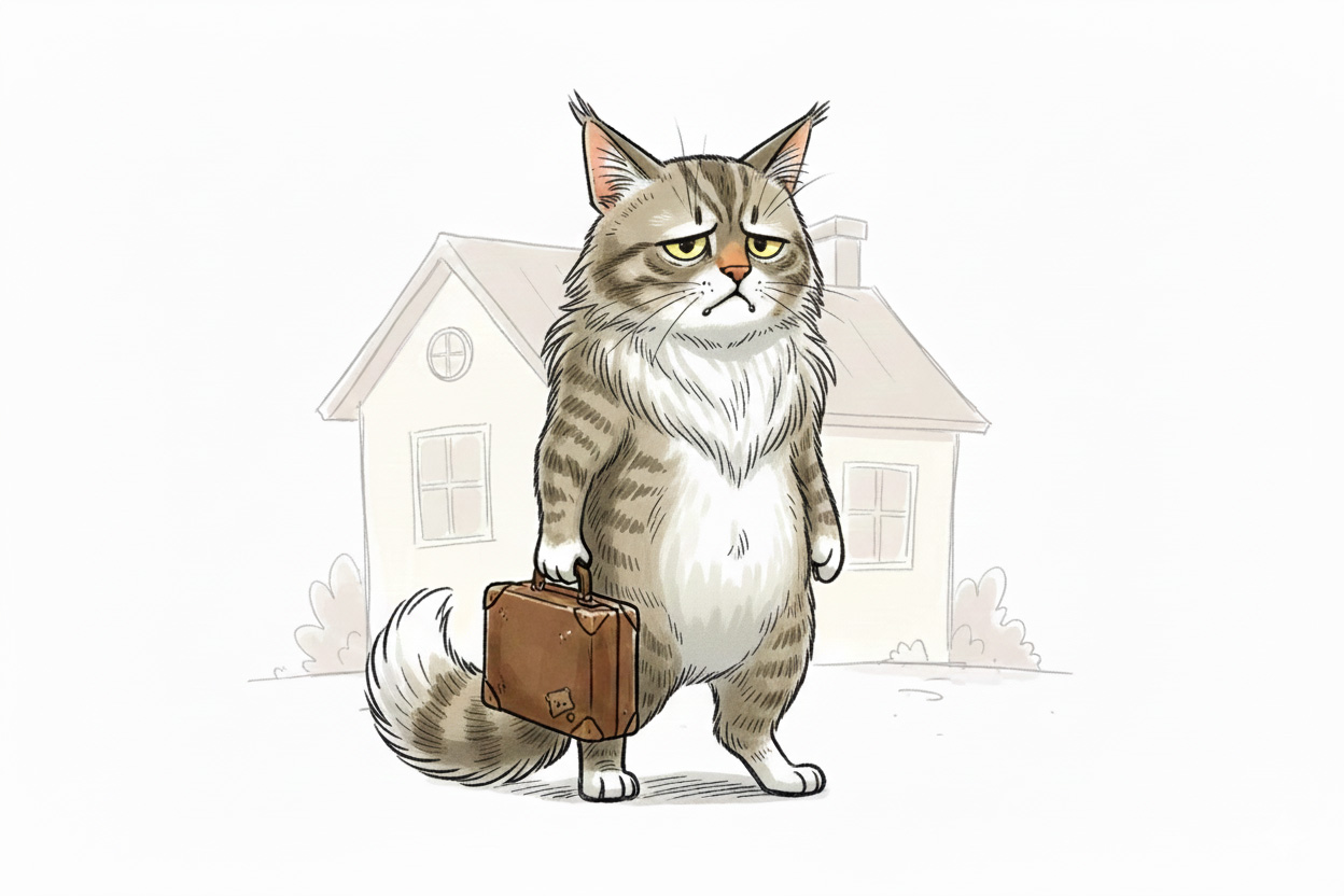 Umzug mit Katze Cartoon traurige Katze zieht aus